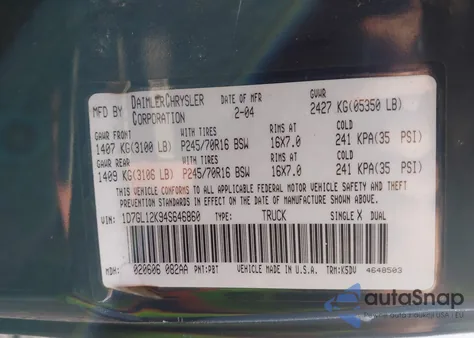 2004 Dodge Dakota из США, поврежденный, VIN 1D7GL12K94S646860